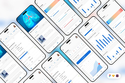 哮喘监测和管理应用程序 UI 套件 (SKETCH,FIG,XD)