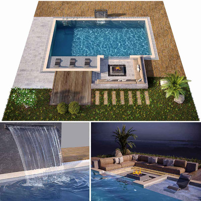 包含绿植 躺椅和篝火的室外游泳池3D模型（OBJ,MAX）