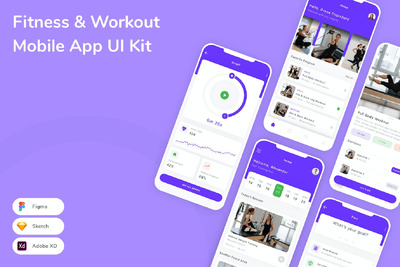 健身和锻炼移动应用App UI Kit (SKETCH,FIG,XD)