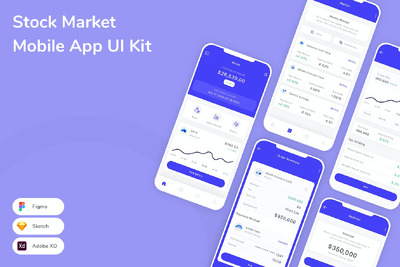 股票市场移动应用App UI Kit (SKETCH,FIG,XD)