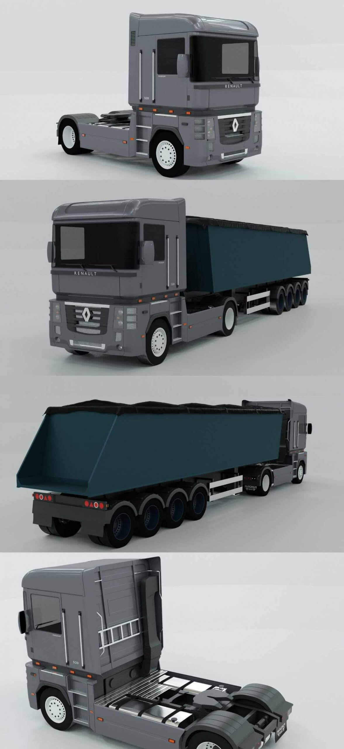 雷诺Renault MAGNUM 520卡车 谷物拖车3D模型（OBJ,FBX,MAX）