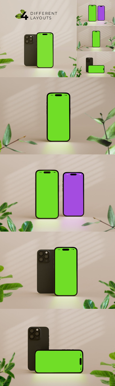 iPhone 14 Pro 带叶子场景样机 (PSD)