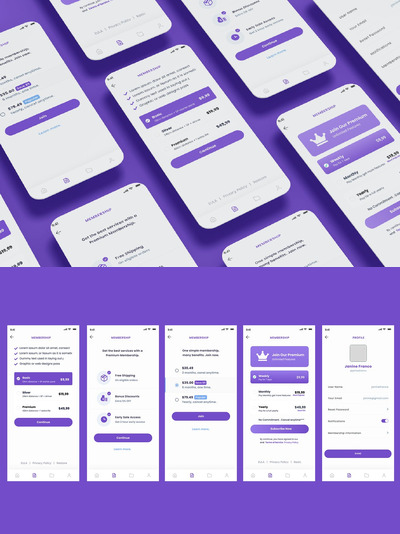 会员和订阅计划、个人资料屏幕应用APP UI KIT (FIG,SKETCH,PSD,SVG,XD)