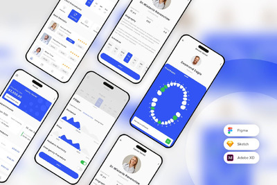牙医和牙科护理移动应用程序 UI 套件 (SKETCH,FIG,XD)