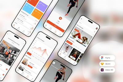 健身和锻炼移动应用App UI Kit (SKETCH,FIG,XD)