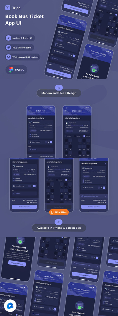 预订巴士票深色模式应用App UI Kit (FIG)