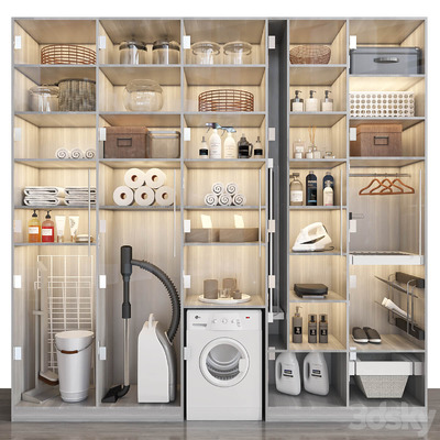 包含洗衣机 吸尘器 和卷纸等卫浴用品的洗衣房3D模型（MAX）