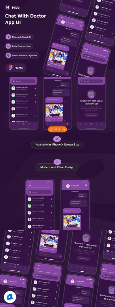 与医生聊天深色模式应用APP UI KIT (FIG)