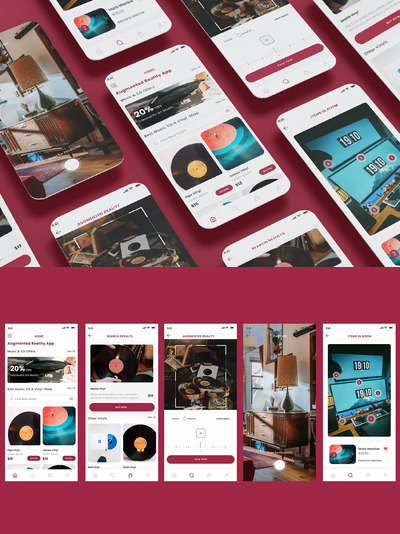 增强现实、虚拟现实和音乐商店应用App UI Kit (FIG,PSD,SKETCH,SVG,XD)