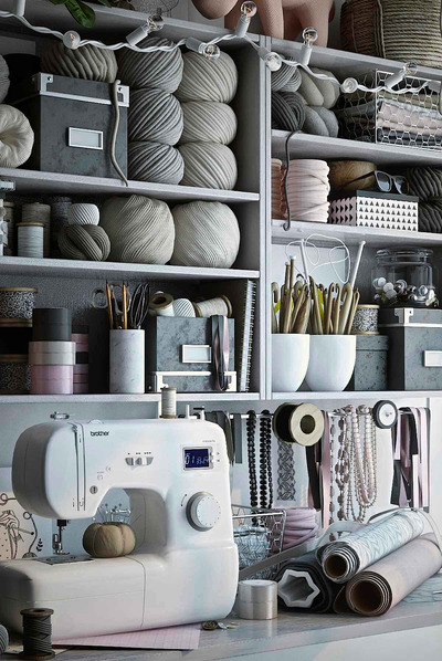 包含缝纫机 线团 剪刀 布艺和缝纫辅料的手工工作区域3D模型（MAX）