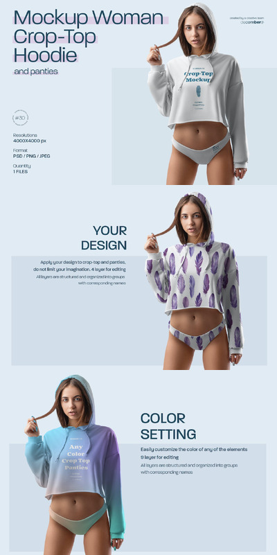 模型女式短款连帽衫和内裤 (PSD,PNG,JPG)