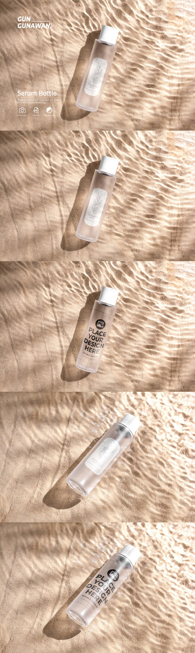 沙子和水波背景上的血清瓶 (PSD)