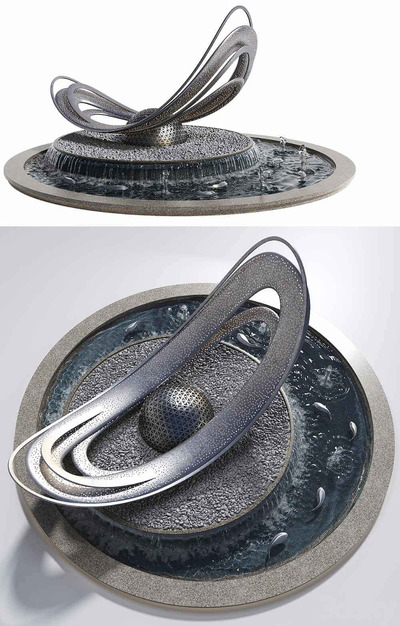 有金属雕塑的圆形池塘喷泉景观3D模型（OBJ,MAX）