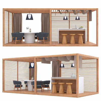 Exteta带厨房和餐桌椅的木质花园凉亭3D模型（FBX,MAX）