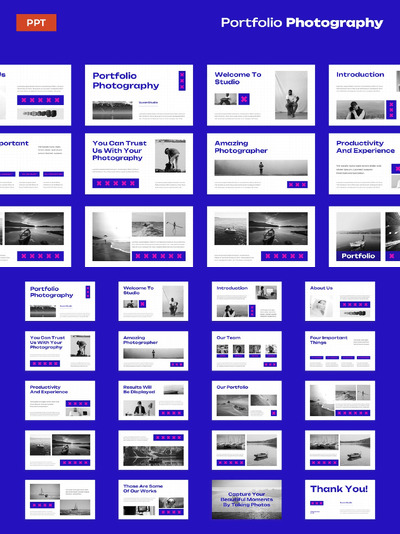 白色蓝色简约摄影作品集PPT模版 (PPTX,PPT)