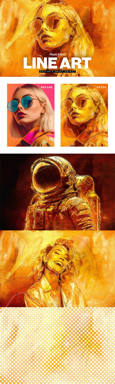 抽象线条艺术照片效果模板 (PSD)