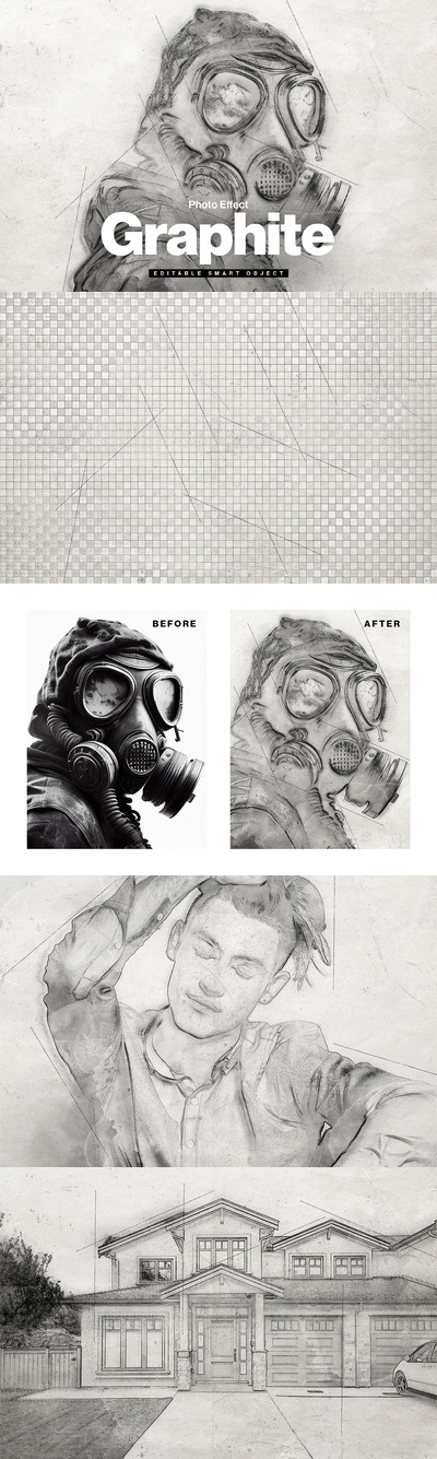 石墨铅笔素描照片效果模板 (PSD)