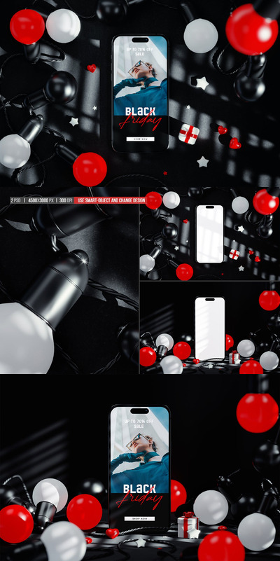 带灯串的手机屏幕黑色场景样机 (PSD)