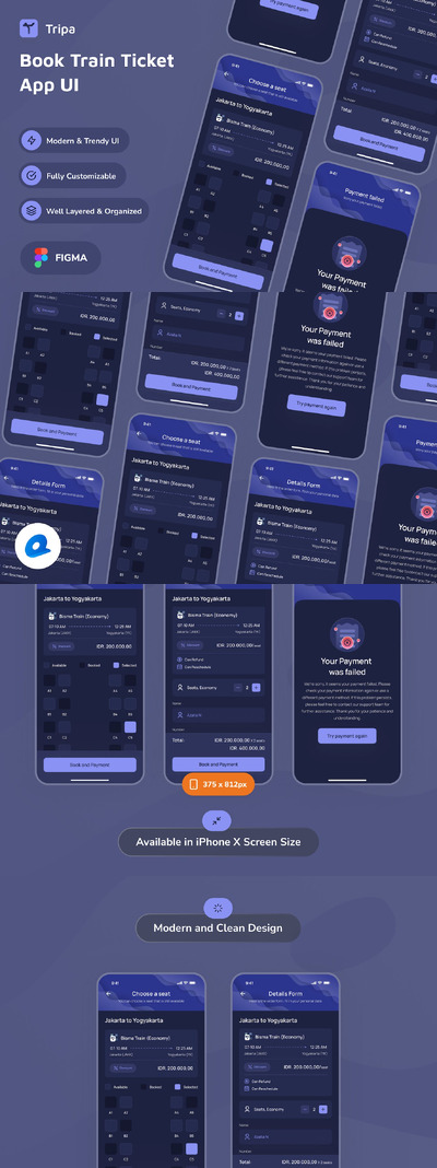 预订火车票深色模式应用App UI Kit (FIG)