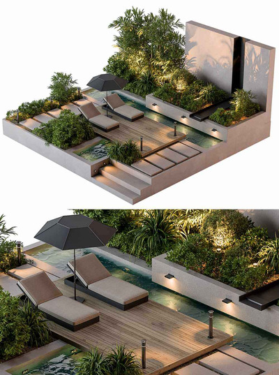 包含绿植 水池的花园景观和遮阳伞 日光浴床等户外家具组合3D模型（OBJ,MAX）
