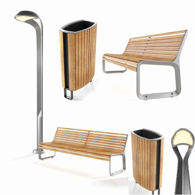 公园长椅 垃圾桶和路灯组合3D模型（FBX,MAX）