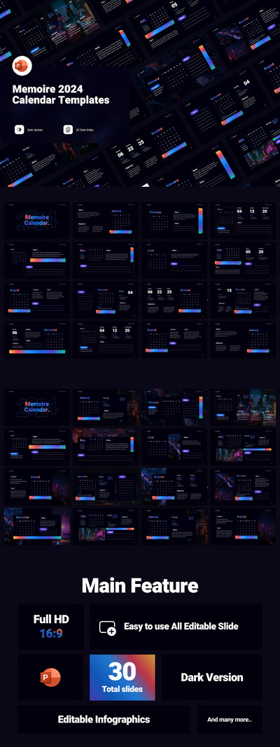 回忆录 2024 年日历PPT模版 (PPTX)