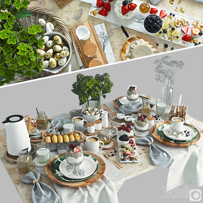餐桌上的面包 咖啡 水果等丰富的早餐食物组合3D模型（OBJ,MAX）