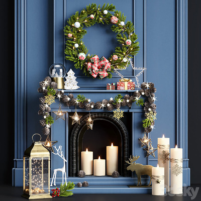 包含花环 松果 蜡烛的圣诞节和新年装饰组合3D模型（FBX,MAX）