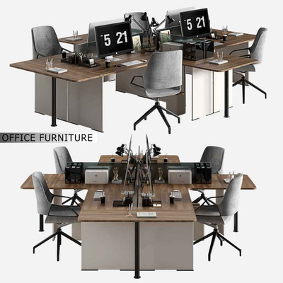 4人座办公室员工桌椅 办公室家具3D模型（OBJ,MAX）