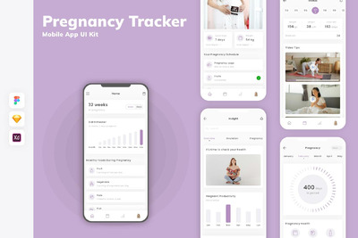 怀孕追踪器移动应用 App UI Kit (SKETCH,FIG,XD)