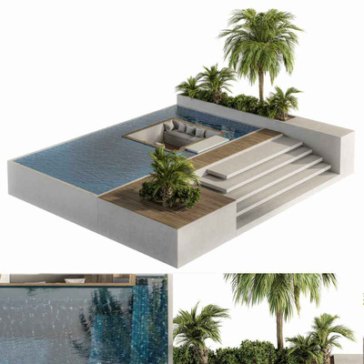 带绿植和户外家具的室外游泳池3D模型（OBJ,MAX）