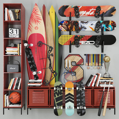 滑板 冲浪板 球拍 篮球 弓箭等运动设备组合3D模型（OBJ,FBX,MAX）