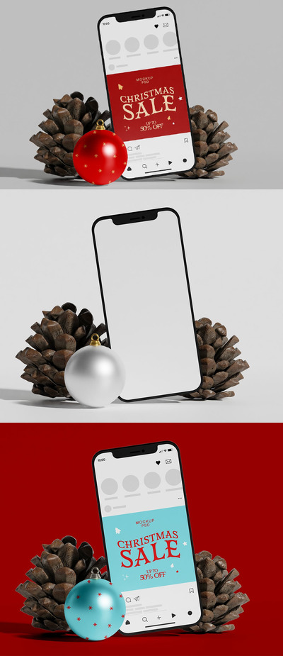 带有节日装饰品样机的智能手机 (PSD)