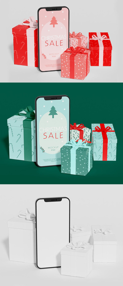 智能手机与圣诞元素样机 (PSD)