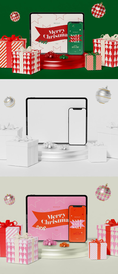 平板电脑和智能手机圣诞销售样机 (PSD)