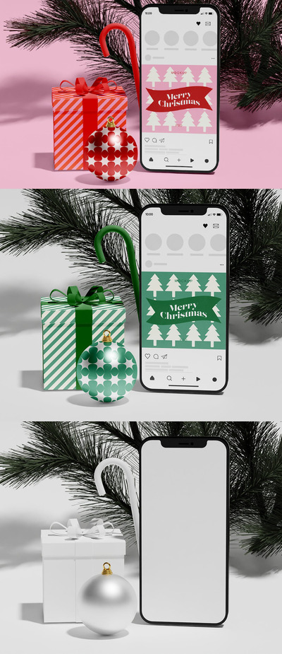 带有节日装饰品样机的智能手机 (PSD)