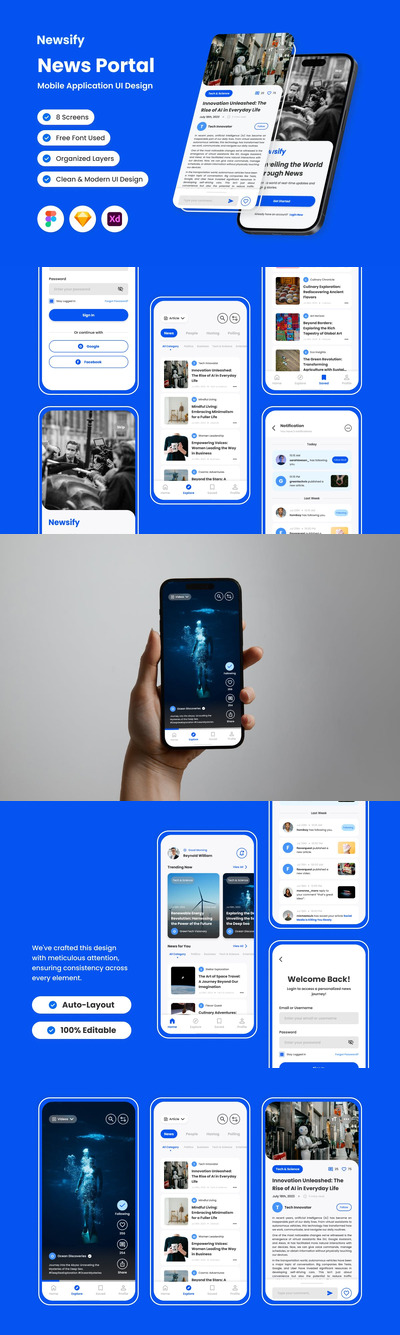 新闻门户移动应用程序 App UI Kit (FIG,SKETCH,XD)