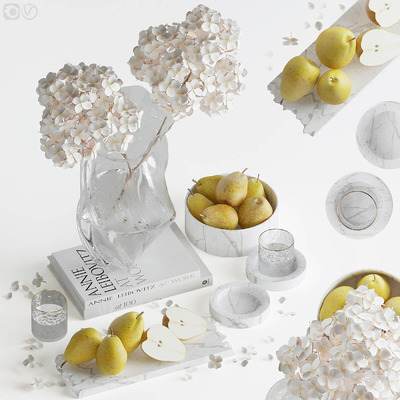 包含梨子 绣球花束 书籍的装饰组合3D模型（OBJ,FBX,MAX）