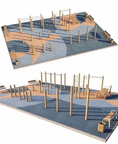 带运动器材和椅子的锻炼运动场 室外操场3D模型（OBJ,MAX）