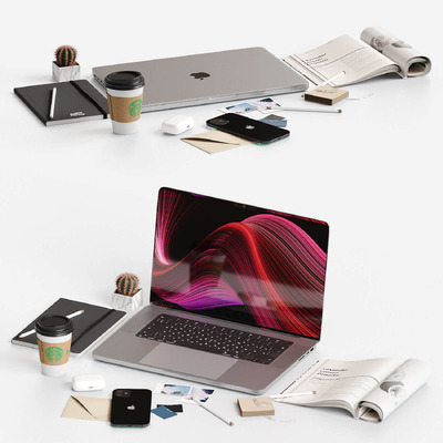 苹果电脑 手机 耳机和文具 杂志等办公桌面组合 工作场景3D模型（OBJ,MAX）