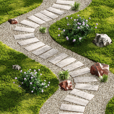 石板路 草地 花丛等组合花园景观3D模型（FBX,MAX）