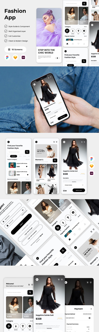 时尚移动应用 App UI Kit (SKETCH,FIG,XD)