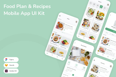 食物计划和食谱移动应用 App UI Kit (SKETCH,FIG,XD)