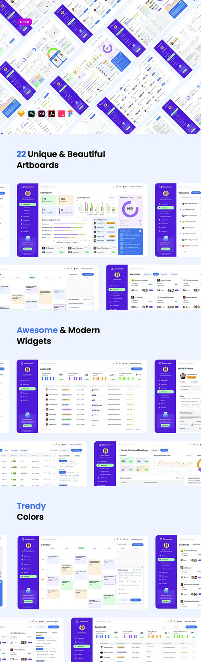 人力资源管理管理仪表板 – 轻型 UI (XD,SKETCH,FIG,PSD)