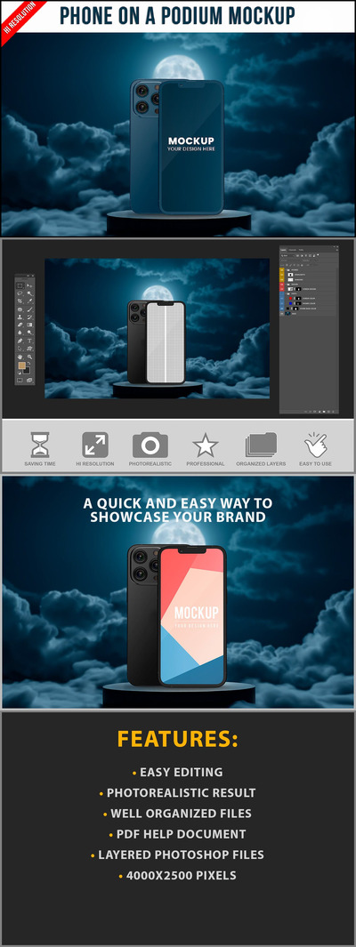 台上的手机模型样机 (PSD)