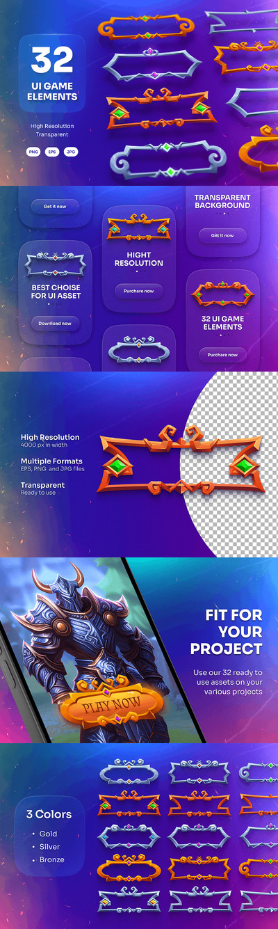 中世纪风格纹理边框游戏UI元素 Vol.5 (EPS,JPG,PNG)