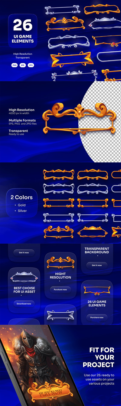 中世纪风格纹理边框游戏UI元素 Vol.3 (EPS,JPG,PNG)