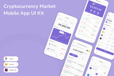 加密货币市场移动应用App UI Kit (SKETCH,FIG,XD)