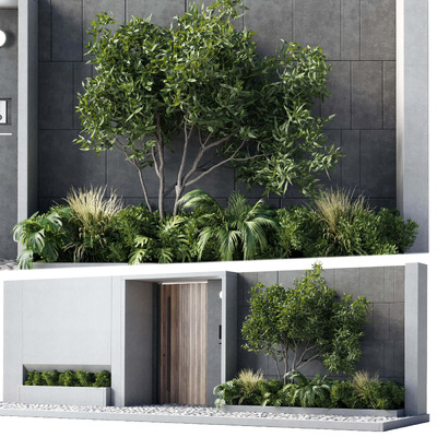 带绿植和围墙的现代入户门3D模型（OBJ,MAX）
