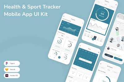 健康与运动追踪器移动应用 UI 套件 (SKETCH,FIG,XD)